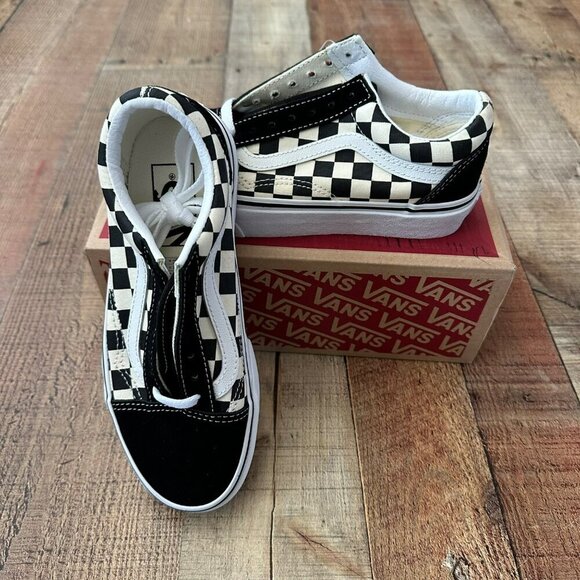 Vans Old Skool Primary Check Black/White Sneakers Size 4.0 Women’s Slip-On Class - Picture 1 of 12